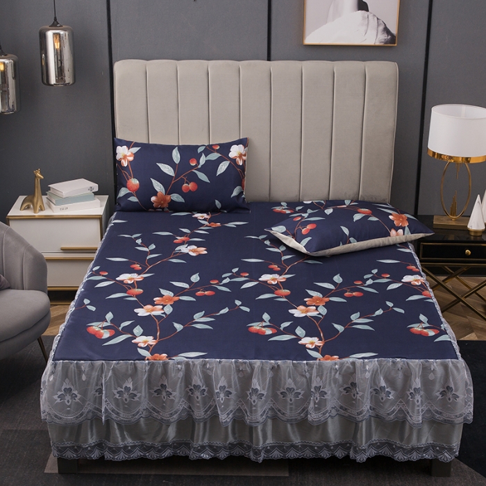 91家纺网 家纺一手货源 找家纺 纽缦  2021新款冰丝凉席三件套床裙款 夜舞缤纷兰