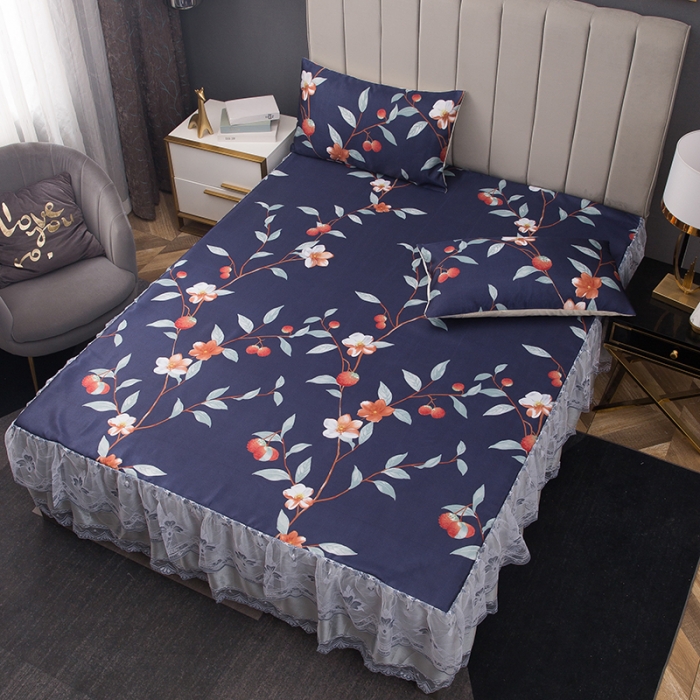 91家纺网 家纺一手货源 找家纺 纽缦  2021新款冰丝凉席三件套床裙款 夜舞缤纷兰