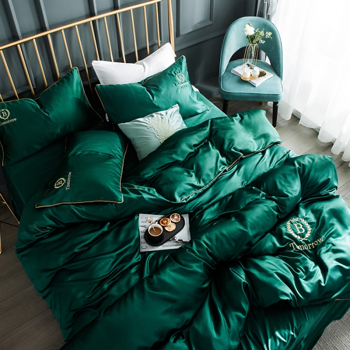 91家纺网 家纺一手货源 找家纺 琪格格 2022新款水洗真丝刺绣四件套 都市-魅惑绿