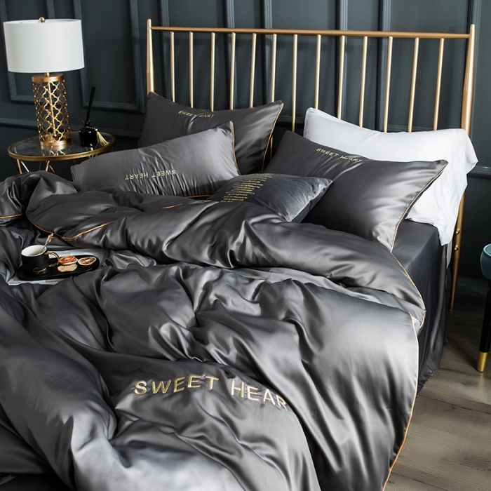 91家纺网 家纺一手货源 找家纺 琪格格 2022新款水洗真丝刺绣四件套 你好爱情-雅韵灰