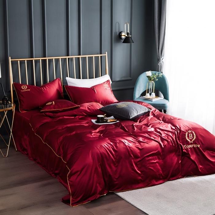 91家纺网 家纺一手货源 找家纺 琪格格 2022新款水洗真丝刺绣四件套 都市-浪漫酒红