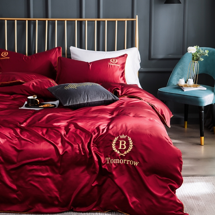 91家纺网 家纺一手货源 找家纺 琪格格 2022新款水洗真丝刺绣四件套 都市-浪漫酒红