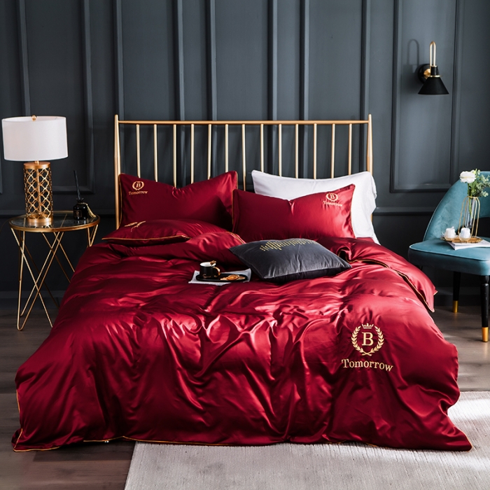 91家纺网 家纺一手货源 找家纺 琪格格 2022新款水洗真丝刺绣四件套 都市-浪漫酒红