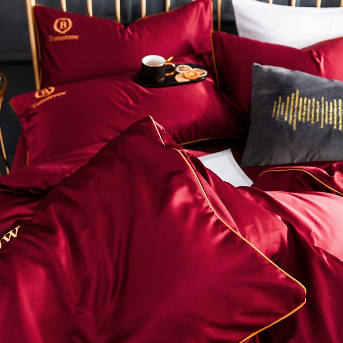 91家纺网 家纺一手货源 找家纺 琪格格 2022新款水洗真丝刺绣四件套 都市-浪漫酒红