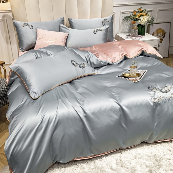 91家纺网 家纺一手货源 找家纺 琪格格 2022新款水洗真丝刺绣四件套 A都市羽毛银灰