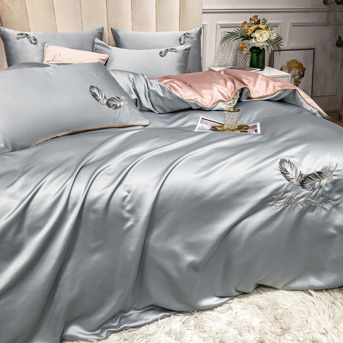 91家纺网 家纺一手货源 找家纺 琪格格 2022新款水洗真丝刺绣四件套 A都市羽毛银灰