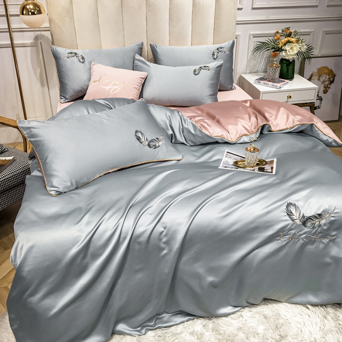 91家纺网 家纺一手货源 找家纺 琪格格 2022新款水洗真丝刺绣四件套 A都市羽毛银灰