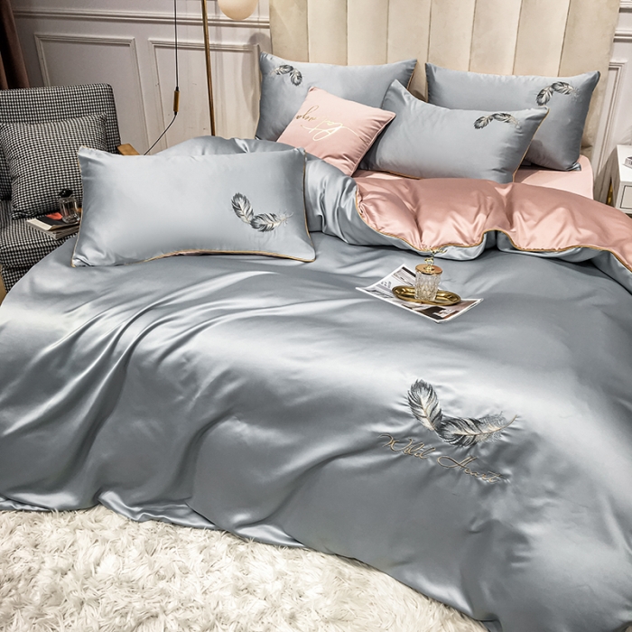 91家纺网 家纺一手货源 找家纺 琪格格 2022新款水洗真丝刺绣四件套 A都市羽毛银灰