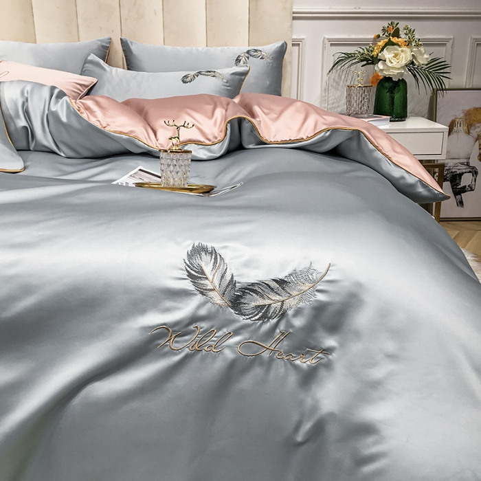 91家纺网 家纺一手货源 找家纺 琪格格 2022新款水洗真丝刺绣四件套 A都市羽毛银灰