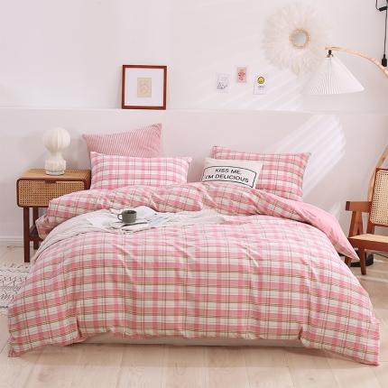 简色坊 2023新款春夏全棉水洗棉四件套 草莓格