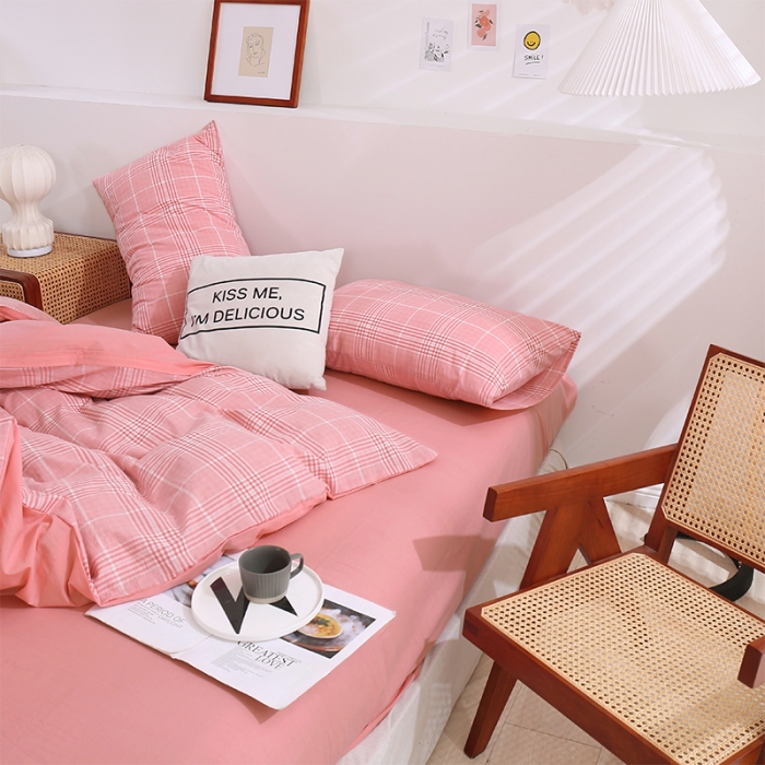 91家纺网 家纺一手货源 找家纺 简色坊 2023新款春夏全棉水洗棉四件套 麦田-粉