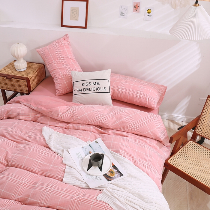 91家纺网 家纺一手货源 找家纺 简色坊 2023新款春夏全棉水洗棉四件套 麦田-粉