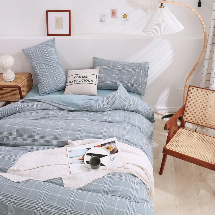 91家纺网 家纺一手货源 找家纺 简色坊 2023新款春夏全棉水洗棉四件套 麦田-蓝