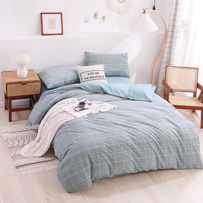 91家纺网 家纺一手货源 找家纺 简色坊 2023新款春夏全棉水洗棉四件套 麦田-蓝