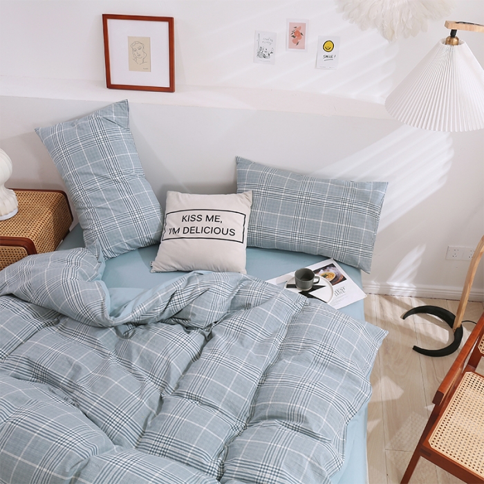 91家纺网 家纺一手货源 找家纺 简色坊 2023新款春夏全棉水洗棉四件套 麦田-蓝