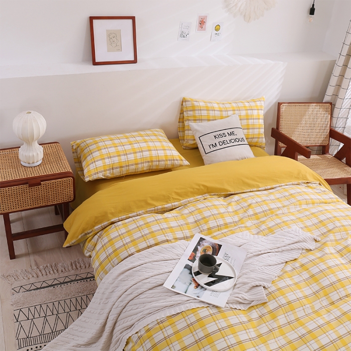 91家纺网 家纺一手货源 找家纺 简色坊 2023新款春夏全棉水洗棉四件套 芒果格