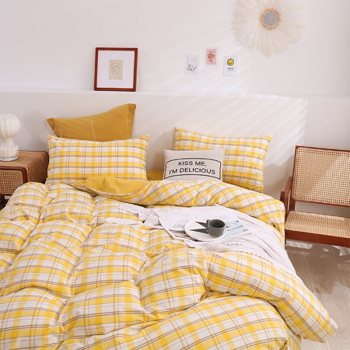 91家纺网 家纺一手货源 找家纺 简色坊 2023新款春夏全棉水洗棉四件套 芒果格