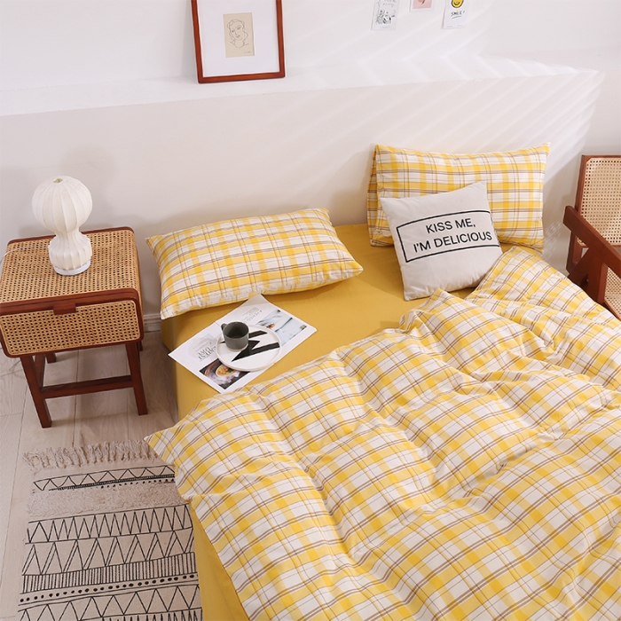 91家纺网 家纺一手货源 找家纺 简色坊 2023新款春夏全棉水洗棉四件套 芒果格