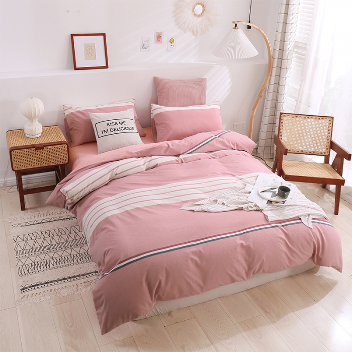 91家纺网 家纺一手货源 找家纺 简色坊 2023新款春夏全棉水洗棉四件套 英伦-粉