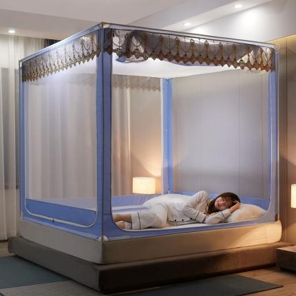 91家纺网 家纺一手货源 找家纺 2025升级连接好白色烤漆支架加密防蚊防摔防尘多功能坐床蚊帐-刺绣花边系列 风韵-天蓝