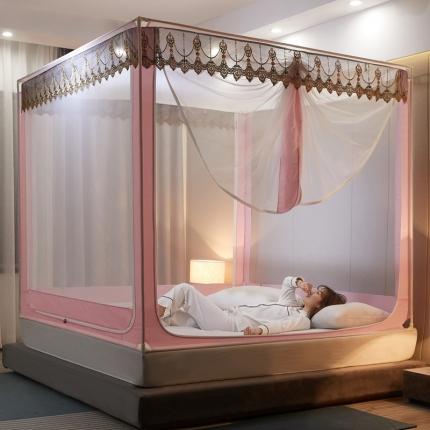 91家纺网 家纺一手货源 找家纺 2025升级连接好白色烤漆支架加密防蚊防摔防尘多功能坐床蚊帐-刺绣花边系列 风韵-嫩粉