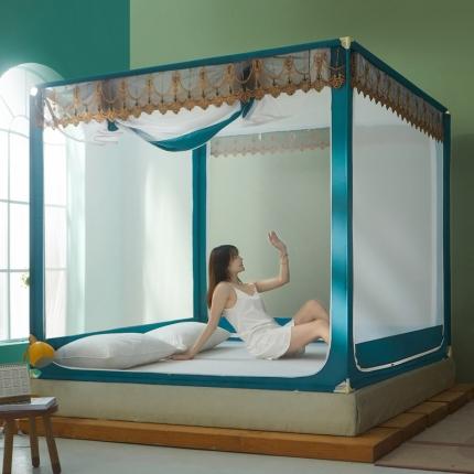 91家纺网 家纺一手货源 找家纺 2025升级连接好白色烤漆支架加密防蚊防摔防尘多功能坐床蚊帐-刺绣花边系列 风韵-蓝绿