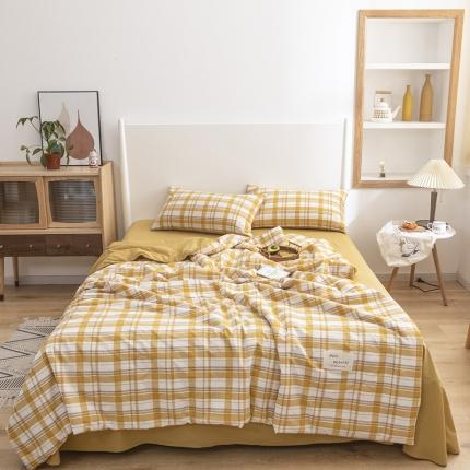 91家纺网 家纺一手货源 找家纺 寐居家纺 2021新款全棉水洗夏被四件套 中格-黄