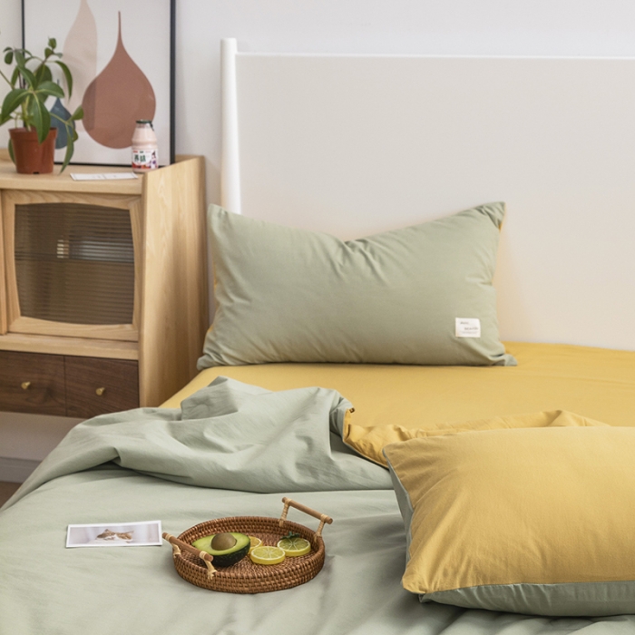91家纺网 家纺一手货源 找家纺 寐居家纺 2021新款全棉水洗夏被四件套 双拼绿+黄
