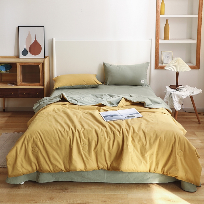 91家纺网 家纺一手货源 找家纺 寐居家纺 2021新款全棉水洗夏被四件套 双拼绿+黄