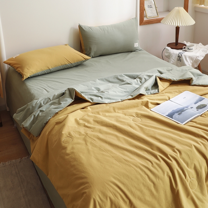 91家纺网 家纺一手货源 找家纺 寐居家纺 2021新款全棉水洗夏被四件套 双拼绿+黄