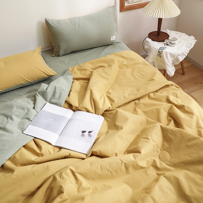 91家纺网 家纺一手货源 找家纺 寐居家纺 2021新款全棉水洗夏被四件套 双拼绿+黄