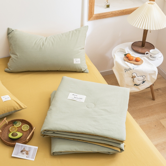 91家纺网 家纺一手货源 找家纺 寐居家纺 2021新款全棉水洗夏被四件套 双拼绿+黄