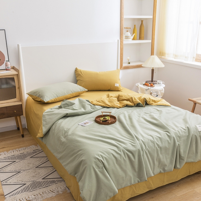 91家纺网 家纺一手货源 找家纺 寐居家纺 2021新款全棉水洗夏被四件套 双拼绿+黄