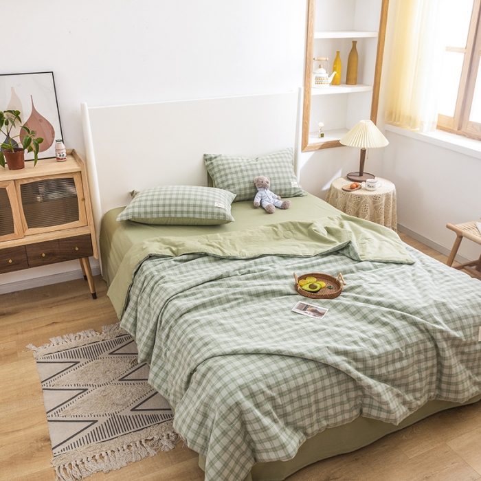91家纺网 家纺一手货源 找家纺 寐居家纺 2021新款全棉水洗夏被四件套 中格-绿