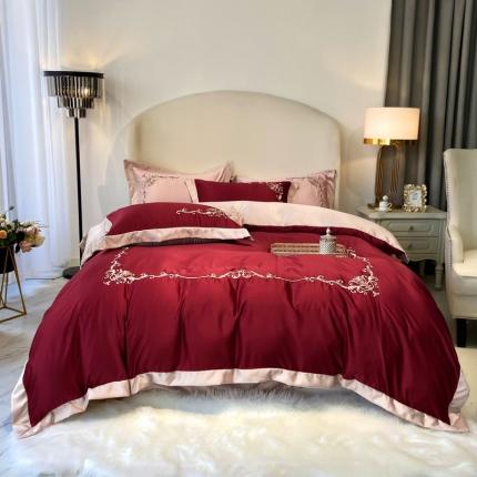 优悦生活馆 2021新款冰丝绣花四件套-奥丁-宝石红