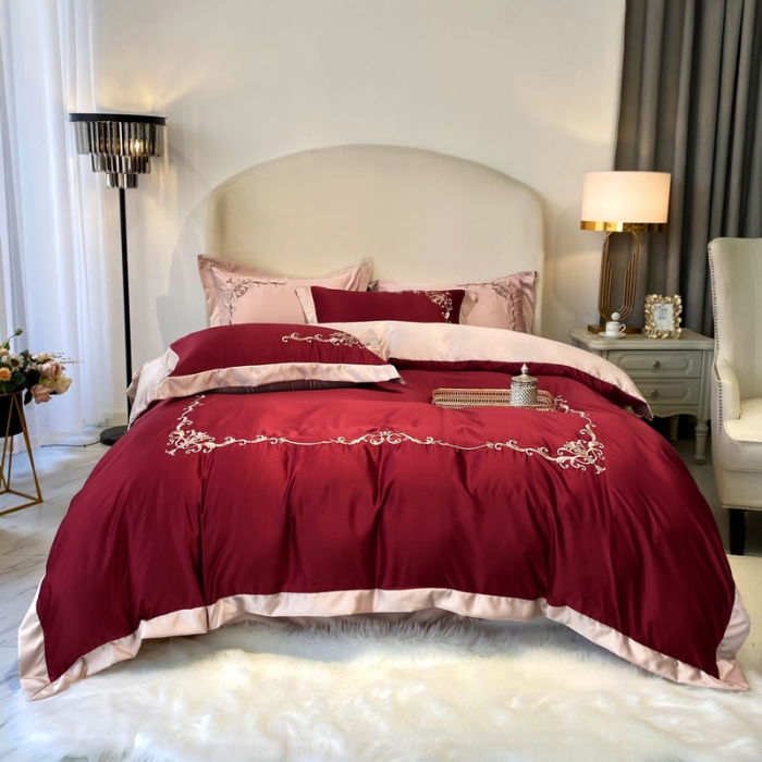 91家纺网 家纺一手货源 找家纺 优悦生活馆 2021新款冰丝绣花四件套-奥丁-宝石红