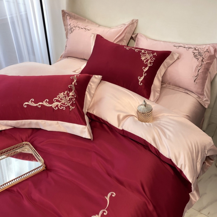 91家纺网 家纺一手货源 找家纺 优悦生活馆 2021新款冰丝绣花四件套-奥丁-宝石红