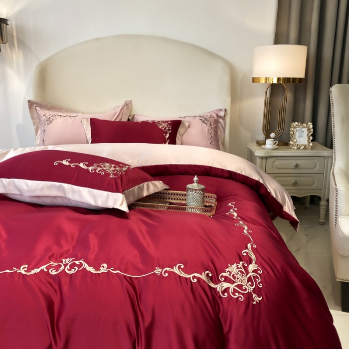91家纺网 家纺一手货源 找家纺 优悦生活馆 2021新款冰丝绣花四件套-奥丁-宝石红