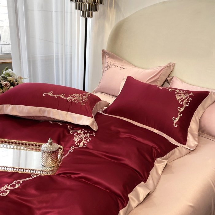 91家纺网 家纺一手货源 找家纺 优悦生活馆 2021新款冰丝绣花四件套-奥丁-宝石红