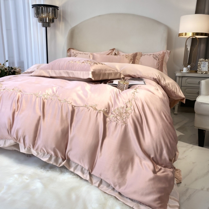 91家纺网 家纺一手货源 找家纺 优悦生活馆 2021新款冰丝绣花四件套-奥丁-豆沙