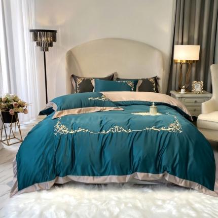 91家纺网 家纺一手货源 找家纺 优悦生活馆 2021新款冰丝绣花四件套-奥丁-翡翠绿