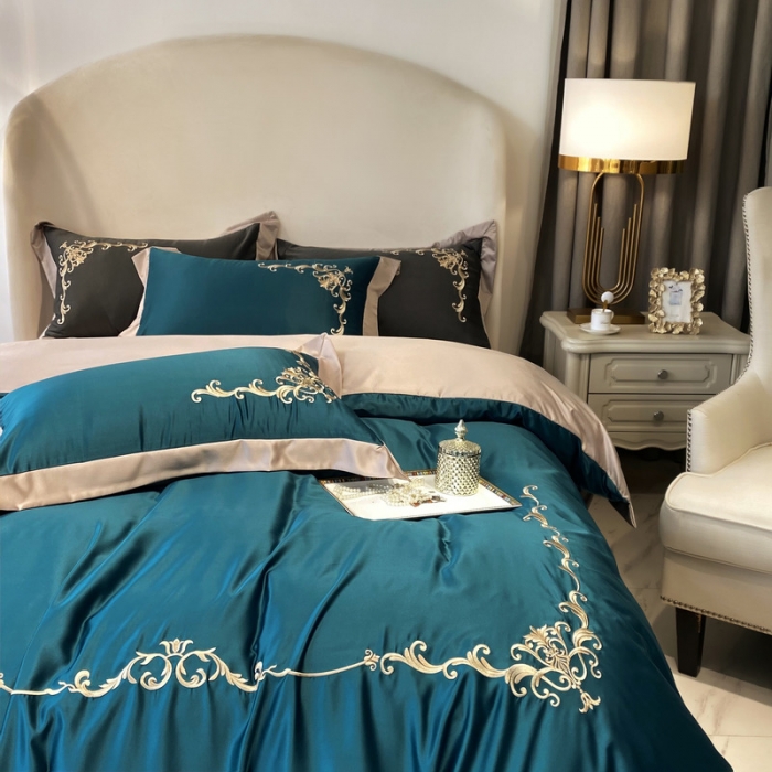 91家纺网 家纺一手货源 找家纺 优悦生活馆 2021新款冰丝绣花四件套-奥丁-翡翠绿