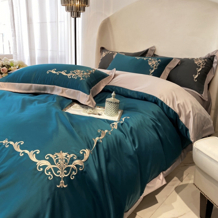 91家纺网 家纺一手货源 找家纺 优悦生活馆 2021新款冰丝绣花四件套-奥丁-翡翠绿