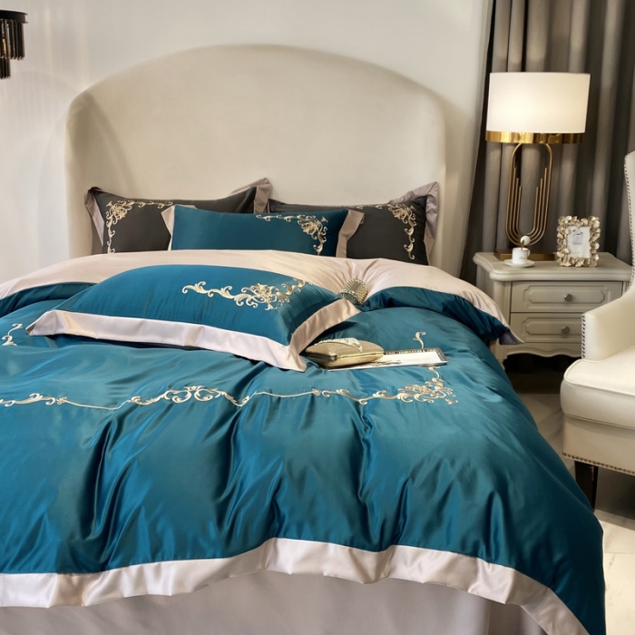 91家纺网 家纺一手货源 找家纺 优悦生活馆 2021新款冰丝绣花四件套-奥丁-翡翠绿