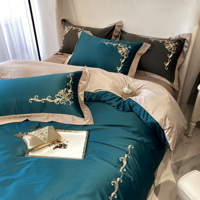 91家纺网 家纺一手货源 找家纺 优悦生活馆 2021新款冰丝绣花四件套-奥丁-翡翠绿