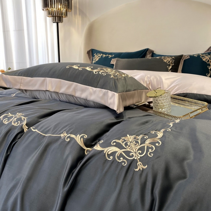 91家纺网 家纺一手货源 找家纺 优悦生活馆 2021新款冰丝绣花四件套-奥丁-爵士灰