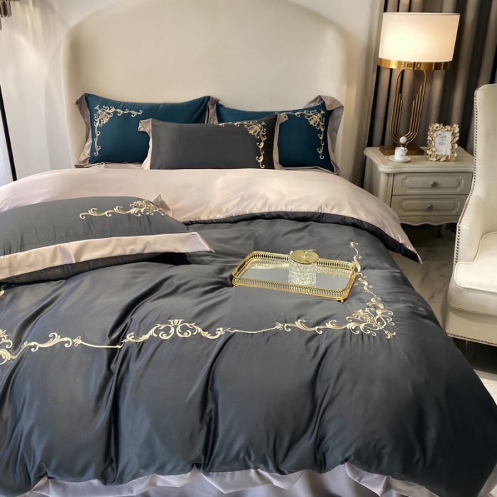 91家纺网 家纺一手货源 找家纺 优悦生活馆 2021新款冰丝绣花四件套-奥丁-爵士灰