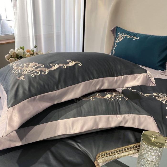 91家纺网 家纺一手货源 找家纺 优悦生活馆 2021新款冰丝绣花四件套-奥丁-爵士灰