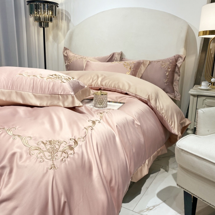 91家纺网 家纺一手货源 找家纺 优悦生活馆 2021新款冰丝绣花四件套-奥丁-梦幻粉