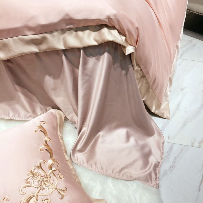 91家纺网 家纺一手货源 找家纺 优悦生活馆 2021新款冰丝绣花四件套-奥丁-梦幻粉